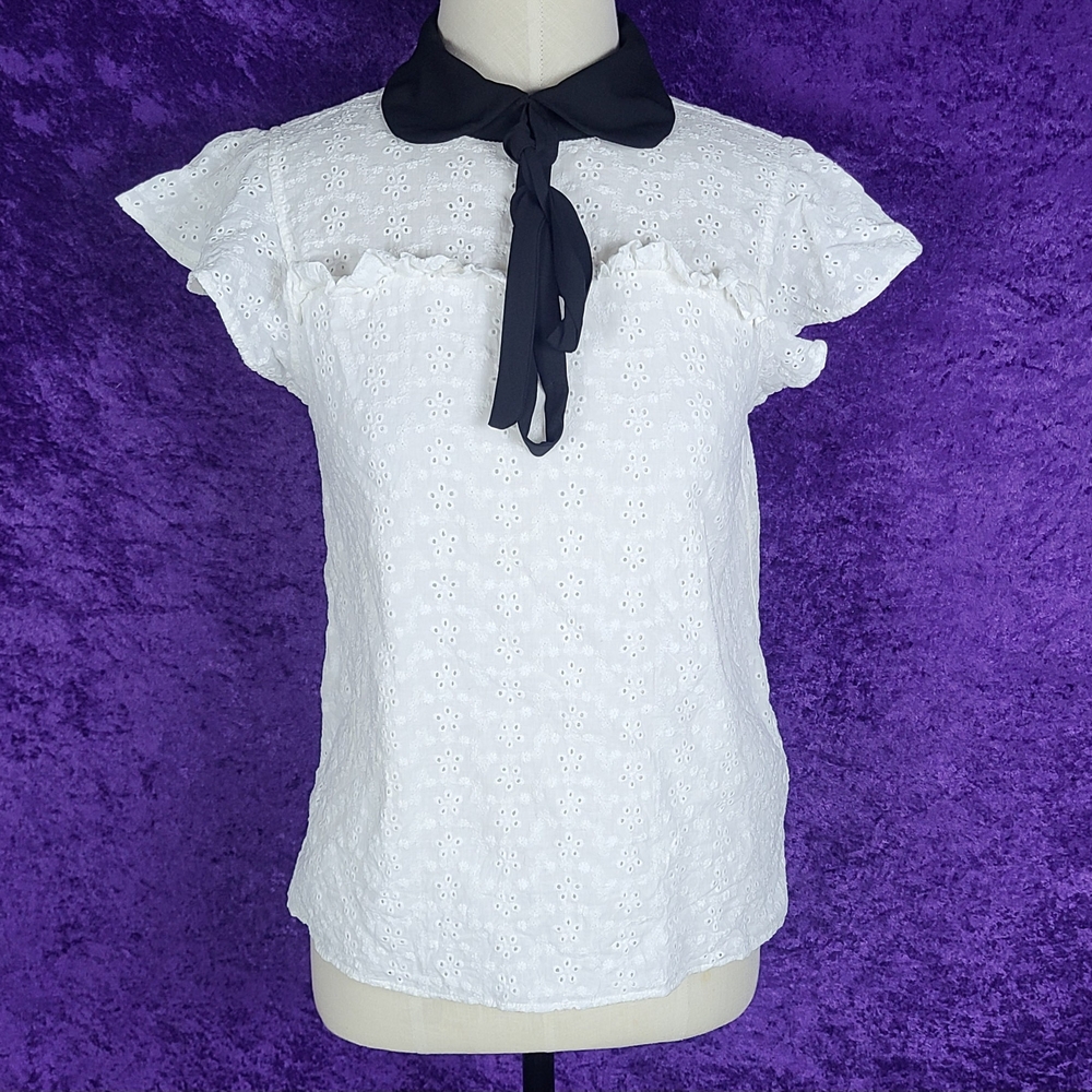 CeCe White Blouse Flutter Sleeve Peter Pan Collar Bow Floral Top XS